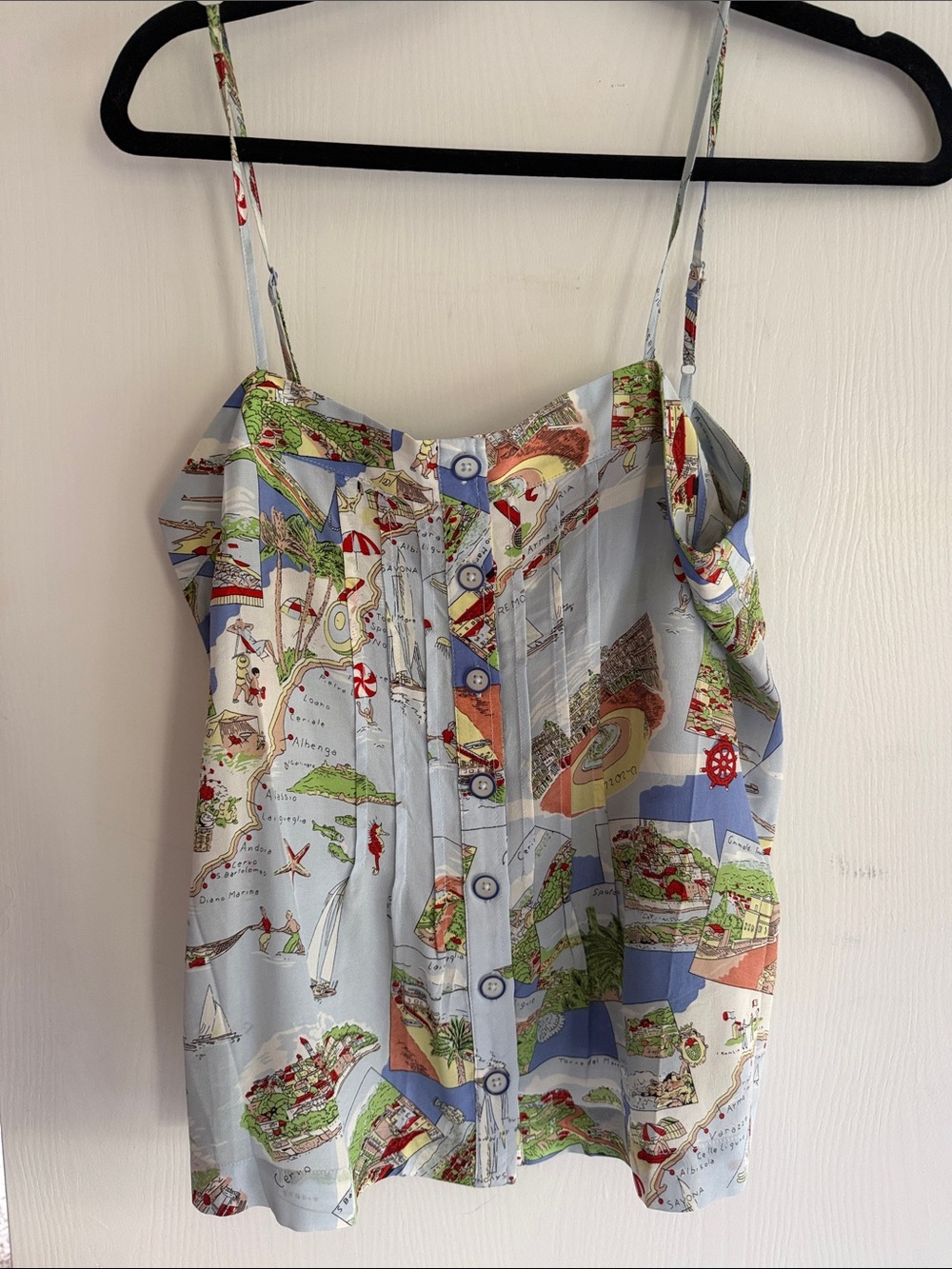 Maeve Map Print Button-Front Cami Top in Light Blue